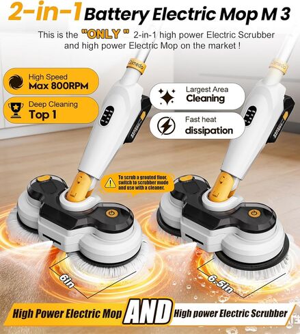 qimedo Battery Electric Mop M3, 800RPM Cordless Electric Power Scrubber & Mops for Floor Cleaning, Best Automatic Spin Mops with Smart Display,Rotating Mop with LED Light & Water Spray in Kuwait