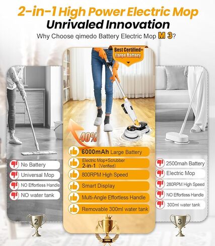 qimedo Battery Electric Mop M3, 800RPM Cordless Electric Power Scrubber & Mops for Floor Cleaning, Best Automatic Spin Mops with Smart Display,Rotating Mop with LED Light & Water Spray in Kuwait