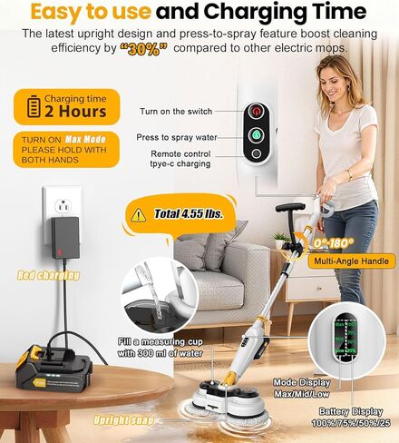 qimedo Battery Electric Mop M3, 800RPM Cordless Electric Power Scrubber & Mops for Floor Cleaning, Best Automatic Spin Mops with Smart Display,Rotating Mop with LED Light & Water Spray in Kuwait
