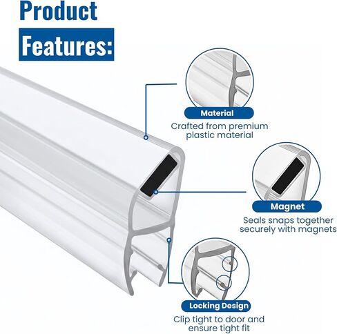 KC Hardware Magnetic Shower Door Seal for 5/16" Glass Shower Doors- 180 Deg Outswing Shower Door Side Seal - 95" Length- Set of 2 in Saudi Arabia