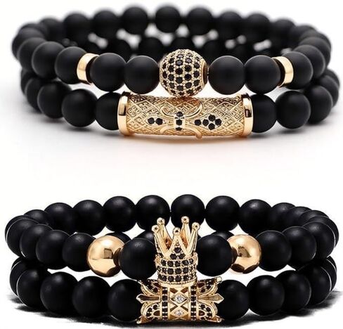 4 Pcs Crown King Bracelets for Men Black Matte Onyx Cool Natural Stone Men Bracelets Set in Kuwait