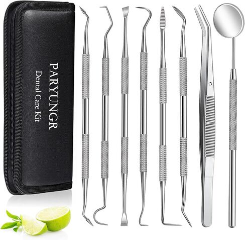 11 Pack Dental Tools PARYUNGR Teeth Cleaning Tool Kit, Stainless Steel Tongue Scraper Tartar Plaque Remover Tooth Cleaner Dental Floss Picks Mouth Mirror, Professional Oral Care Hygiene Set with Case in Kuwait