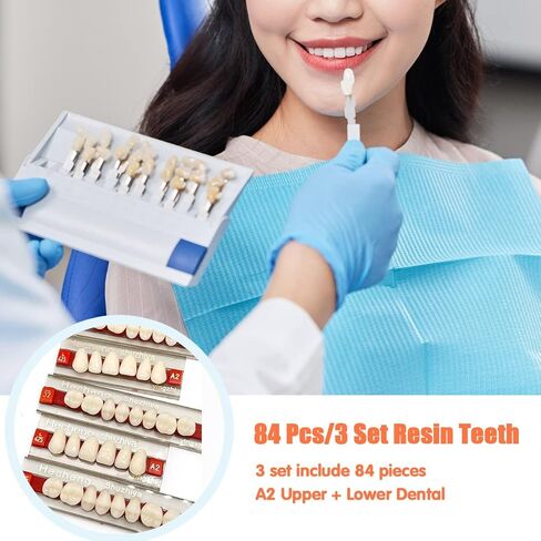 84 Pcs False Teeth Dental Complete Acrylic Resin Denture Teeth, 3 Sets Whole Teeth Synthetic Polymer Denture Tooth, 23 Shade A2 Upper + Lower Dental Materials for Replacement, DIY or Halloween in Kuwait