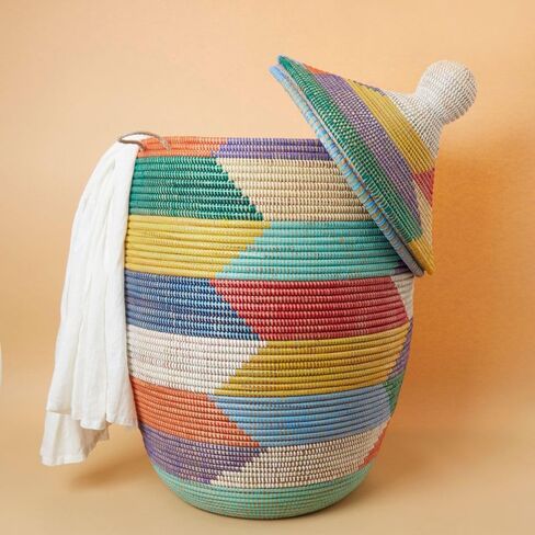 Colorful Rainbow Baskets with Hooded Lids, Laundry, Blankets, Toys, Clothes, Hamper, Bin, Storage, Decorative, Wicker, Sturdy, Round, African, Hand Woven by Wolof Artisans, Made in Senegal (Small) in Kuwait