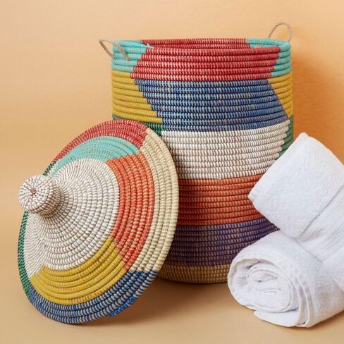 Colorful Rainbow Baskets with Hooded Lids, Laundry, Blankets, Toys, Clothes, Hamper, Bin, Storage, Decorative, Wicker, Sturdy, Round, African, Hand Woven by Wolof Artisans, Made in Senegal (Small) in Kuwait
