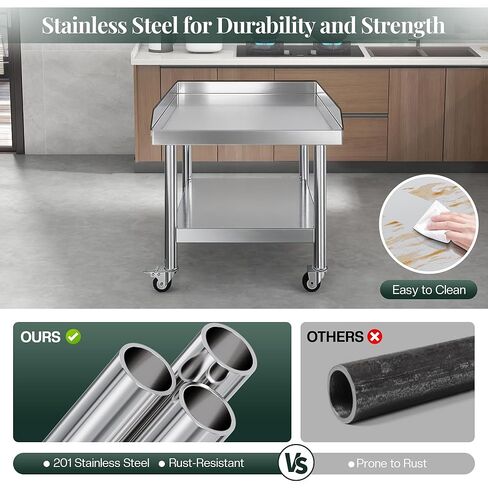 Jocisland 25"x28" Stainless Steel Equipment Stand & Equipment Grill Stand Table, NSF Certified with Adjustable Undershelf, Wheels and Edge Baffle for Commercial Kitchen, Restaurant & Home in Kuwait