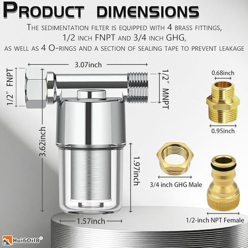 Reusable Inline Sediment Water Filter - 40 Micron Solid Brass Pre-Filter for Washing Machine, RV, Shower & Garden Hose - Explosion-Proof Clear Housing with 1/2" NPT & 3/4" GHT Adapters in Kuwait