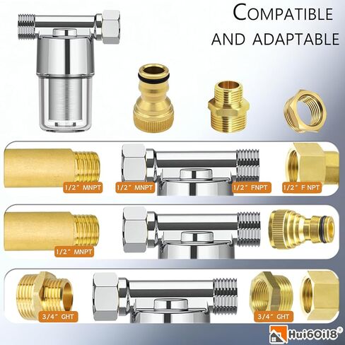 Reusable Inline Sediment Water Filter - 40 Micron Solid Brass Pre-Filter for Washing Machine, RV, Shower & Garden Hose - Explosion-Proof Clear Housing with 1/2" NPT & 3/4" GHT Adapters in Kuwait