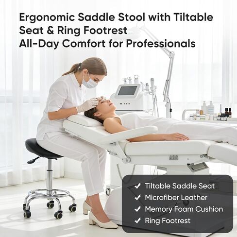 Ergonomic Saddle Stool with Wheels, 485 lbs Capacity Rolling Stool, 12° Tilt & Height Adjustable Office Chair with Memory Foam Seat and Ring Footrest for Salon, Massage, Clinic, Medical in Saudi Arabia