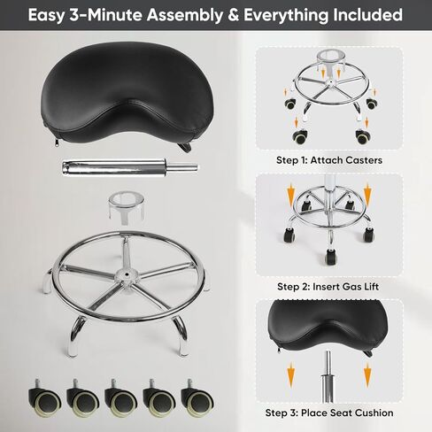 Ergonomic Saddle Stool with Wheels, 485 lbs Capacity Rolling Stool, 12° Tilt & Height Adjustable Office Chair with Memory Foam Seat and Ring Footrest for Salon, Massage, Clinic, Medical in Saudi Arabia