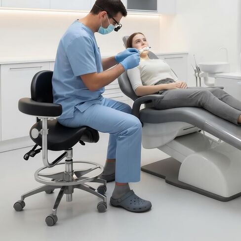 كرسي سرج مع مسند للذراعين وعجلات، كرسي سرج مريح متعدد الوظائف مع دعم خلفي لأطباء صحة الأسنان واستخدام العيادة والصيدلة (أسود) in Kuwait