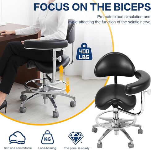 كرسي سرج مع مسند للذراعين وعجلات، كرسي سرج مريح متعدد الوظائف مع دعم خلفي لأطباء صحة الأسنان واستخدام العيادة والصيدلة (أسود) in Kuwait