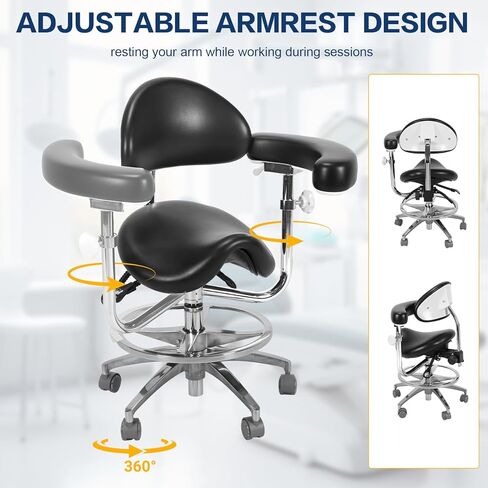 كرسي سرج مع مسند للذراعين وعجلات، كرسي سرج مريح متعدد الوظائف مع دعم خلفي لأطباء صحة الأسنان واستخدام العيادة والصيدلة (أسود) in Kuwait