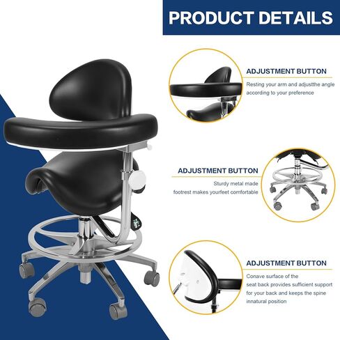 كرسي سرج مع مسند للذراعين وعجلات، كرسي سرج مريح متعدد الوظائف مع دعم خلفي لأطباء صحة الأسنان واستخدام العيادة والصيدلة (أسود) in Kuwait
