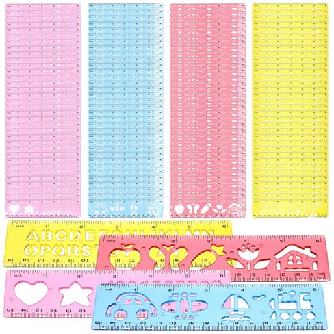 مجموعة مسطرة استنسل ملونة مكونة من 4 قطع - مساطر قياس بلاستيكية من قالب استنسل ممتع - مساطر مدرسية للرسم واللوازم المدرسية in Kuwait