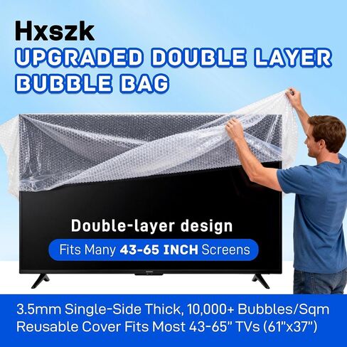 صندوق نقل التلفزيون مقاس 65 بوصة، حقيبة فقاعات مزدوجة الطبقة مطورة للتنقل - سمك جانب واحد 3.5 ملم، أكثر من 10000 فقاعات/متر مربع، غطاء قابل لإعادة الاستخدام يناسب معظم أجهزة التلفاز مقاس 43-65 بوصة (61 بوصة × 37 بوصة) in Kuwait