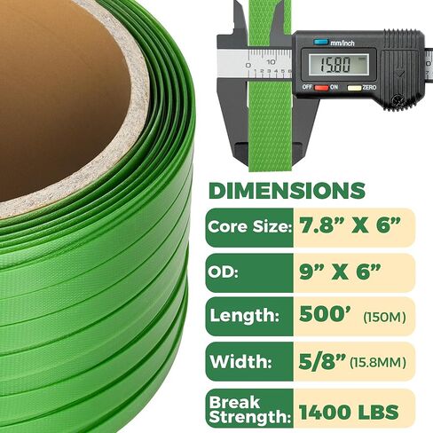 بكرة ربط شديدة التحمل للتغليف والربط - بوليستر أخضر من الدرجة الصناعية PET، 500 قدم × 5/8 بوصة × 0.035 بوصة ملف حزام منصة نقالة بقوة 1400 رطل، مقاومة للصدأ مع مجموعة صندوق التوزيع الذاتي in Kuwait