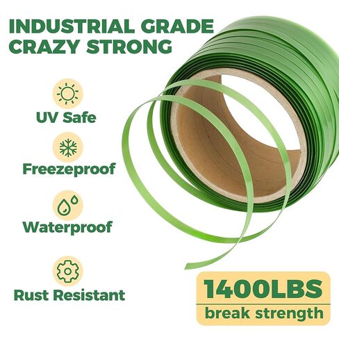 بكرة ربط شديدة التحمل للتغليف والربط - بوليستر أخضر من الدرجة الصناعية PET، 500 قدم × 5/8 بوصة × 0.035 بوصة ملف حزام منصة نقالة بقوة 1400 رطل، مقاومة للصدأ مع مجموعة صندوق التوزيع الذاتي in Kuwait