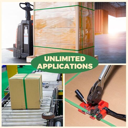 بكرة ربط شديدة التحمل للتغليف والربط - بوليستر أخضر من الدرجة الصناعية PET، 500 قدم × 5/8 بوصة × 0.035 بوصة ملف حزام منصة نقالة بقوة 1400 رطل، مقاومة للصدأ مع مجموعة صندوق التوزيع الذاتي in Kuwait