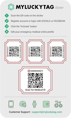 مجموعة ملصقات الهوية الطبية من MYLUCKYTAG، قم بتخزين جميع معلوماتك الطبية لحالات الطوارئ، مقاومة للماء، متينة، 4 ملصقات in Kuwait