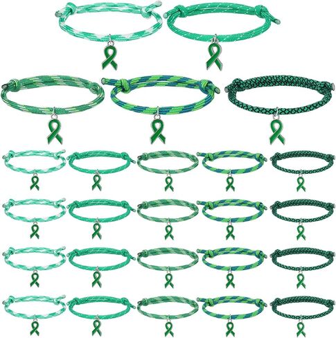 Tondiamo 30 Pcs Mental Health Awareness Bracelets Adjustable Green Ribbon Wristbands Mental Health Month Gift for Men Women Unisex Syndrome Cerebral Palsy Awareness Charity Recognition Public Event in Saudi Arabia