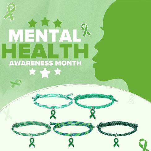 Tondiamo 30 Pcs Mental Health Awareness Bracelets Adjustable Green Ribbon Wristbands Mental Health Month Gift for Men Women Unisex Syndrome Cerebral Palsy Awareness Charity Recognition Public Event in Saudi Arabia