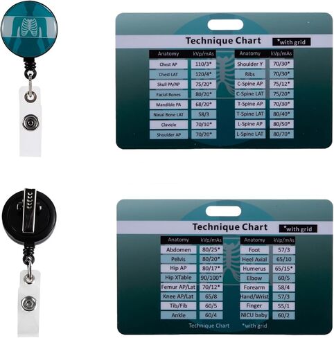 Rad Tech X-Ray Reference Cards with Badge Reel，Horizontal Radiology Technique Chart & Positioning Cheat Sheet,Heavy Duty Badge Buddy Attachment for X-Ray Technicians,Students & Clinical Rotations in Kuwait