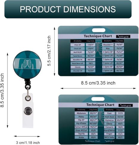 Rad Tech X-Ray Reference Cards with Badge Reel，Horizontal Radiology Technique Chart & Positioning Cheat Sheet,Heavy Duty Badge Buddy Attachment for X-Ray Technicians,Students & Clinical Rotations in Kuwait