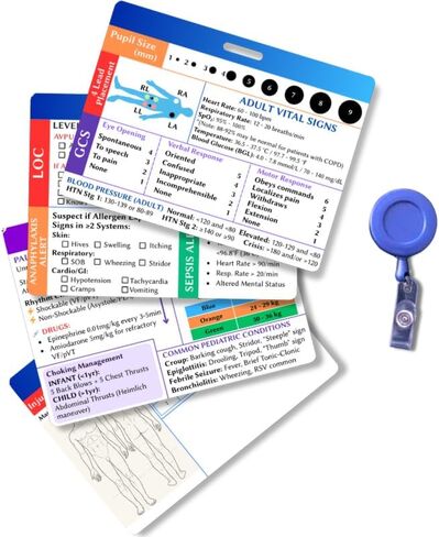 EMT Badge Cards & Pocket Guide with Retractable Reel - 8 Side Horizontal Set. Paramedic Flashcards for Assessment, Vitals, ECG & Pediatrics. PVC EMS Badge Buddy for First Responders in Saudi Arabia
