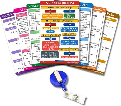 NICU Nurse Essentials Reference Cards with Badge Reel (7-Piece Set) - NRP Neonatal Code Medication Card - 9th Ed Algorithm, Airway, Apgar, Vitals - Gift for L&D Nurses, RNs & Respiratory Therapist in Saudi Arabia