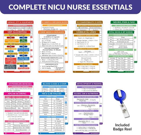NICU Nurse Essentials Reference Cards with Badge Reel (7-Piece Set) - NRP Neonatal Code Medication Card - 9th Ed Algorithm, Airway, Apgar, Vitals - Gift for L&D Nurses, RNs & Respiratory Therapist in Saudi Arabia