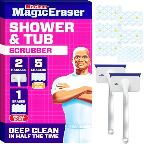 Mr. Clean Magic Eraser Shower & Tub Scrubber, Bathroom Cleaner, All in One Bathroom Cleaner, Lemon Starter Kit, 1 Scrubber & 2 Foaming Magic Erasers in Kuwait