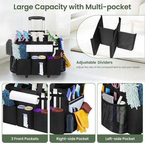 Large Rolling Cleaning Caddy with Detachable Trolley, Cleaning Supply Organizer Bag with Wheels & Multi-Pockets, Water-Resistant Cleaning Cart on Wheels for Housekeeping, Cleaner in Saudi Arabia