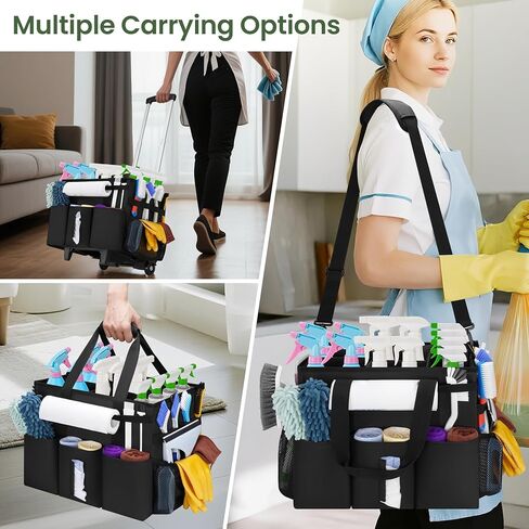 Large Rolling Cleaning Caddy with Detachable Trolley, Cleaning Supply Organizer Bag with Wheels & Multi-Pockets, Water-Resistant Cleaning Cart on Wheels for Housekeeping, Cleaner in Saudi Arabia