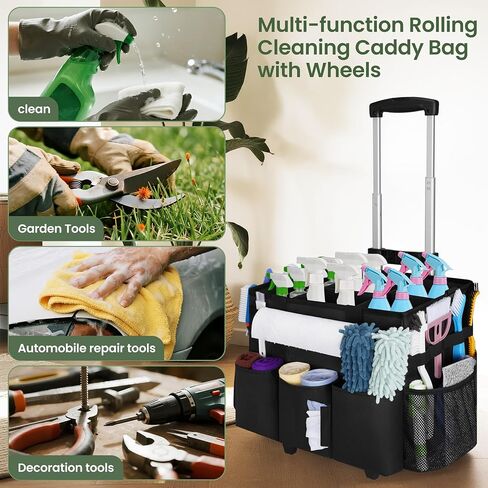 Large Rolling Cleaning Caddy with Detachable Trolley, Cleaning Supply Organizer Bag with Wheels & Multi-Pockets, Water-Resistant Cleaning Cart on Wheels for Housekeeping, Cleaner in Saudi Arabia