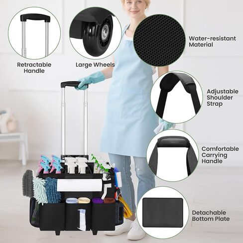 Large Rolling Cleaning Caddy with Detachable Trolley, Cleaning Supply Organizer Bag with Wheels & Multi-Pockets, Water-Resistant Cleaning Cart on Wheels for Housekeeping, Cleaner in Saudi Arabia
