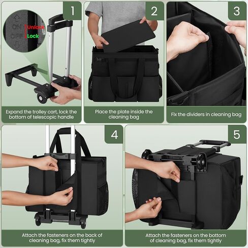 Large Rolling Cleaning Caddy with Detachable Trolley, Cleaning Supply Organizer Bag with Wheels & Multi-Pockets, Water-Resistant Cleaning Cart on Wheels for Housekeeping, Cleaner in Saudi Arabia