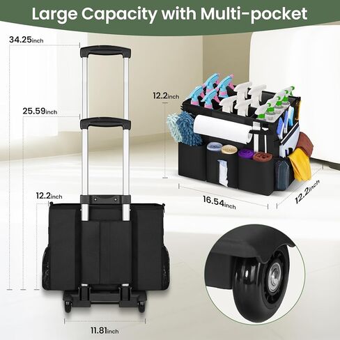 Large Rolling Cleaning Caddy with Detachable Trolley, Cleaning Supply Organizer Bag with Wheels & Multi-Pockets, Water-Resistant Cleaning Cart on Wheels for Housekeeping, Cleaner in Saudi Arabia