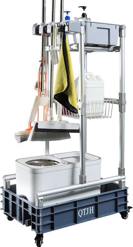 Rolling Cleaning Cart with Mop & Broom Organizer ， Convenient Storage Cart for Janitorial Supplies, Tools, and Cleaning Equipment ， Floor Cleaning Station with Wheels for Housekeeping, Garage &Garden in Kuwait