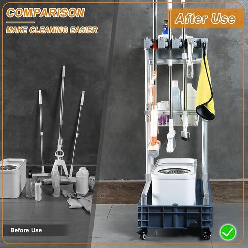 Rolling Cleaning Cart with Mop & Broom Organizer ， Convenient Storage Cart for Janitorial Supplies, Tools, and Cleaning Equipment ， Floor Cleaning Station with Wheels for Housekeeping, Garage &Garden in Kuwait