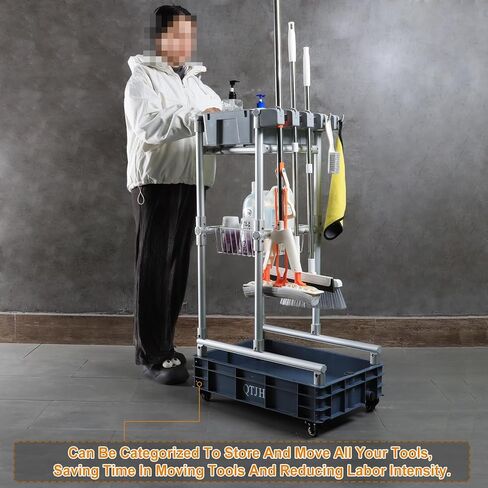 Rolling Cleaning Cart with Mop & Broom Organizer ， Convenient Storage Cart for Janitorial Supplies, Tools, and Cleaning Equipment ， Floor Cleaning Station with Wheels for Housekeeping, Garage &Garden in Kuwait