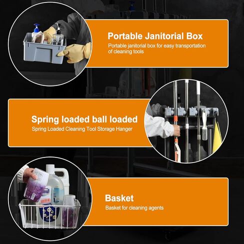 Rolling Cleaning Cart with Mop & Broom Organizer ， Convenient Storage Cart for Janitorial Supplies, Tools, and Cleaning Equipment ， Floor Cleaning Station with Wheels for Housekeeping, Garage &Garden in Kuwait