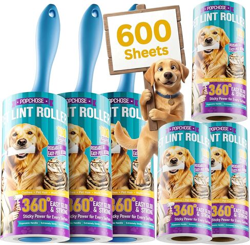 بكرات الوبر من بوبشوز لشعر الحيوانات الأليفة شديدة الالتصاق، 600 ورقة بكرات الوبر اللزجة الإضافية لشعر الحيوانات الأليفة، 3 مقابض و6 لفات لاصقة، مزيل شعر القطط والكلاب للملابس والأثاث والأريكة وبكرة الوبر للملابس in Kuwait