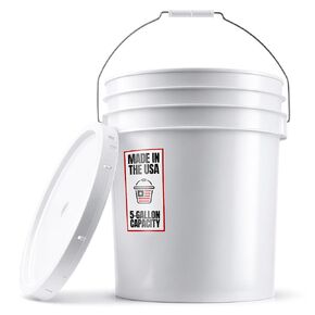 5-Gallon White Bucket Pail With Airtight Lid, Food Grade BPA-Free Premium HDPE, Made In USA, Heavy-Duty Extra Durable Multi-Use, Metal Handles Plastic Grip Easy Carrying, Stackable Easy Store - 1 Pack in Kuwait
