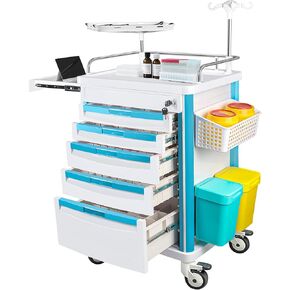 عربة الأدوية، عربة تخزين طبية متدحرجة مع عجلات وأدراج، عربة طوارئ للتمريض بالموجات فوق الصوتية مع عمود IV، عجلة، حامل، سلة المهملات للعيادة، المستشفى (37 * 17 * 34 بوصة، 6 أدراج) in Kuwait