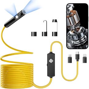 Endoscope with Light, 1920P HD Borescope with 8 Adjustable LED Lights, 16.4FT Semi-Rigid Snake Camera, IP67 Waterproof Inspection Tool for iPhone & Android - Dual Lens (Black) in Kuwait