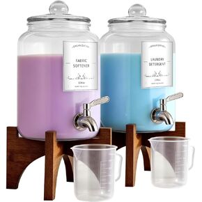 موزع منظفات الغسيل الزجاجي، 108 أونصة (عبوة من قطعتين) مع صنبور من الفولاذ المقاوم للصدأ وحامل من الخشب الصلب - حاوية للصابون السائل ومنعم الأقمشة لتنظيم غرفة الغسيل وتخزينها in Kuwait