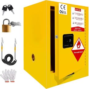12 Gal Flammable Liquid Storage Cabinet, OSHA Compliant Fireproof Steel Cabinet with Locking Doors, Hazardous Chemical Storage (18.11"x18.11"x23", Yellow) in Kuwait