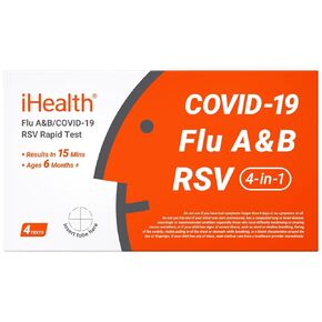 iHealth Flu A/B, COVID-19 & RSV 4-in-1 Antigen Rapid Test, Results in 15 Minutes, FDA Authorized OTC Home Test, Non-Invasive Nasal Swab, Easy to Use & No Discomfort (1 Pack, 4 Tests Total) in Kuwait