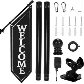 مجموعة علم الترحيب مزدوجة الجوانب شديدة التحمل - لافتة قماش خارجية مقاس 42 × 13 بوصة مع عمود ودعامة معدنية - لافتة واجهة متجر الأعمال لعرض البيع بالتجزئة أو المتجر أو المطعم (أسود) in Kuwait